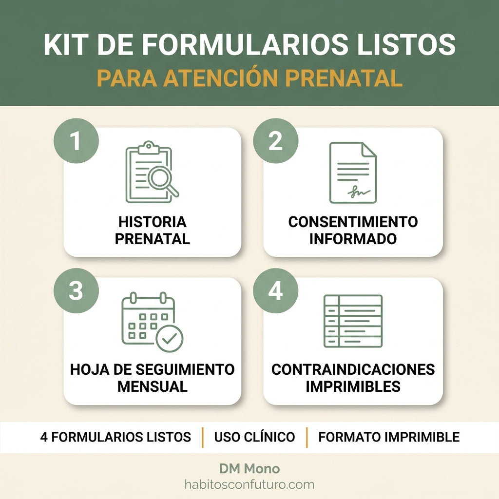 Kit de Formularios Listos - anamnesis prenatal, consentimiento informado, ficha de seguimiento mensual, tabla de contraindicaciones imprimible