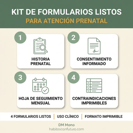 Kit de Formularios Listos - anamnesis prenatal, consentimiento informado, ficha de seguimiento mensual, tabla de contraindicaciones imprimible